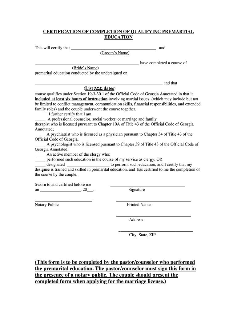 Premarital Counseling Certificate Pdf – Fill Online, Printable  For Premarital Counseling Certificate Of Completion Template