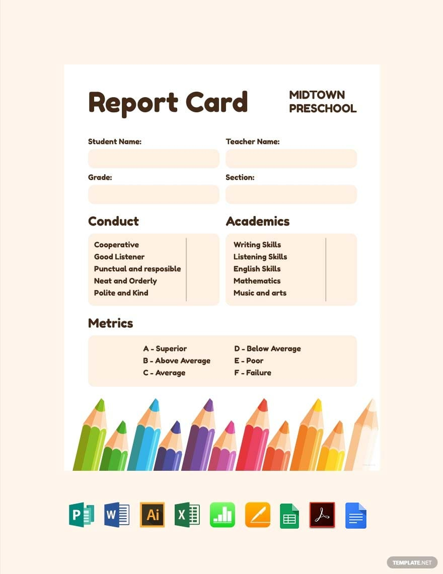 Preschool Progress Report Card Template - Illustrator, Excel, Word  For Preschool Progress Report Template