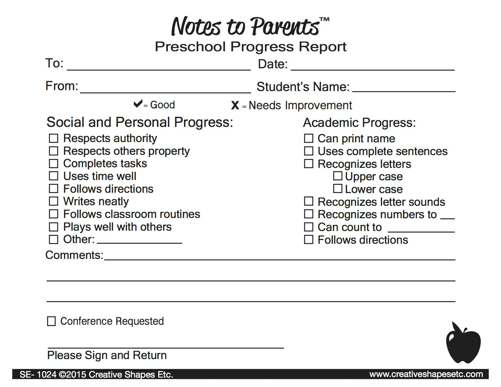 Preschool Progress Report - Notes to Parents Regarding Preschool Progress Report Template