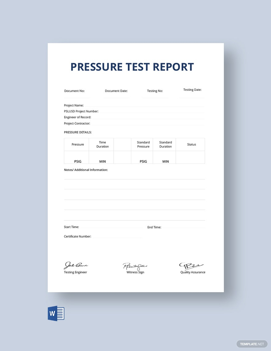 Pressure Test Report Certificate Template - Word  Template