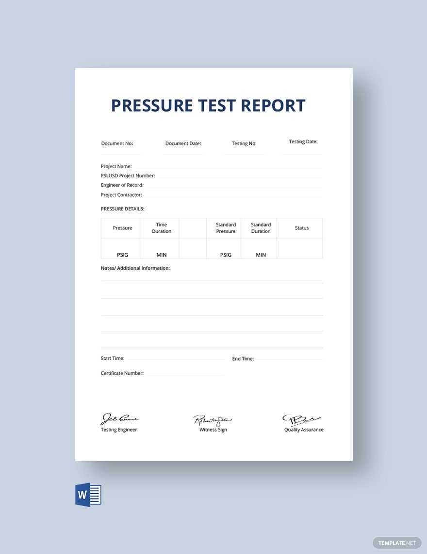 Pressure Test Report Certificate Template - Word  Template