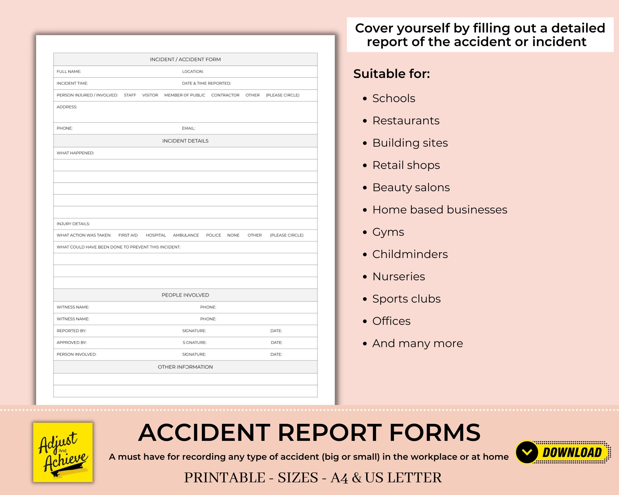 Printable Accident / Incident Report Forms Template  For Work or Home  Based Business  Health & Safety Compliant  Digital Download  (A10) Within Health And Safety Incident Report Form Template