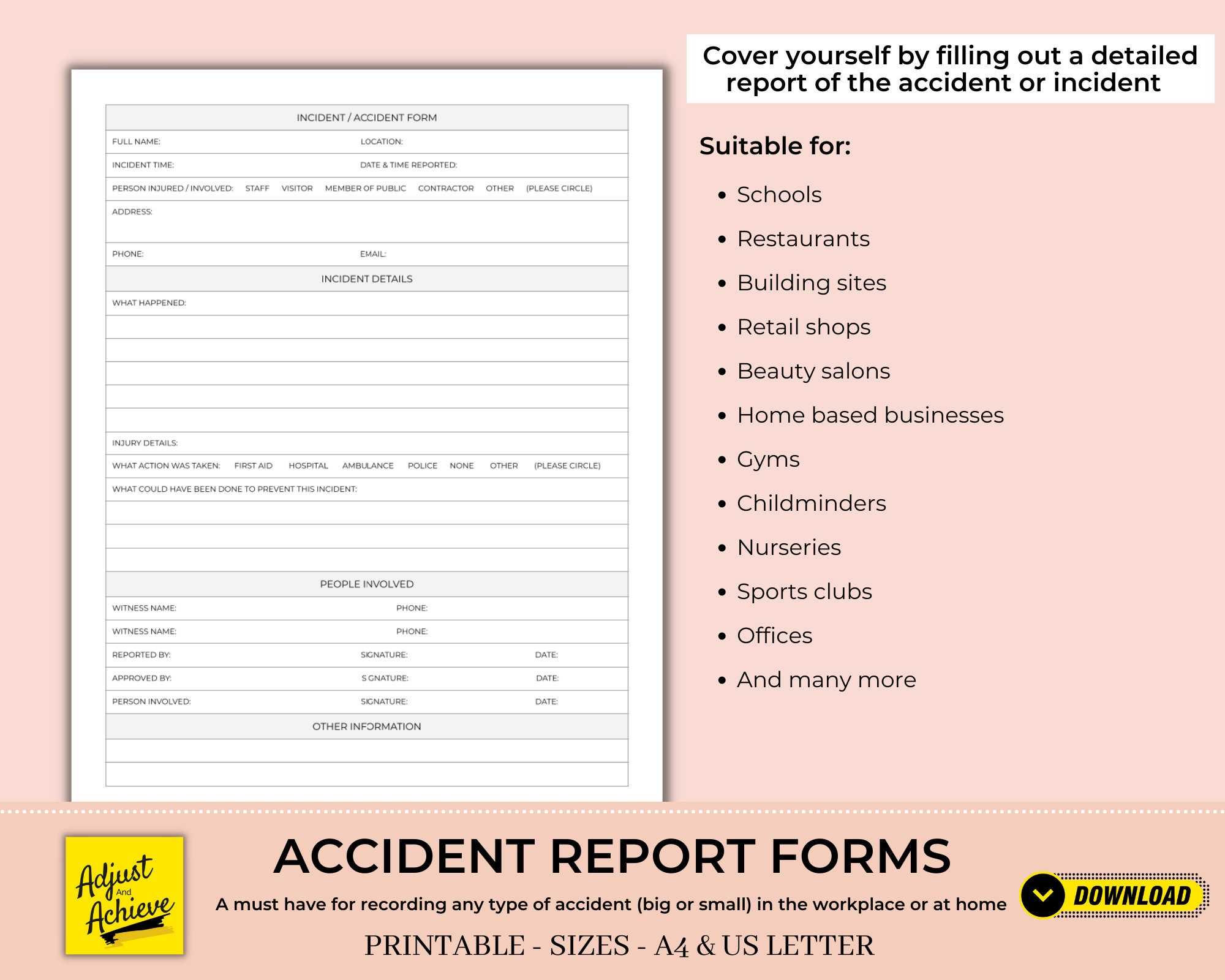 Printable Accident / Incident Report Forms Template  For Work Or Home  Based Business  Health & Safety Compliant  Digital Download  (A10) Within Health And Safety Incident Report Form Template