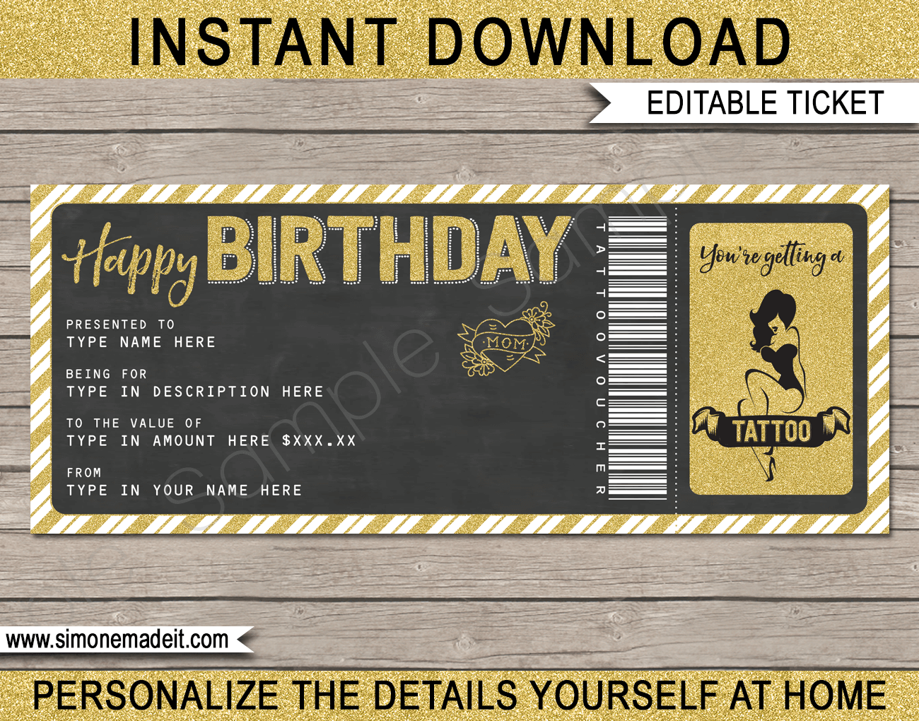 Printable Birthday Tattoo Gift Voucher Template  DIY Gift Certificate Throughout Tattoo Gift Certificate Template