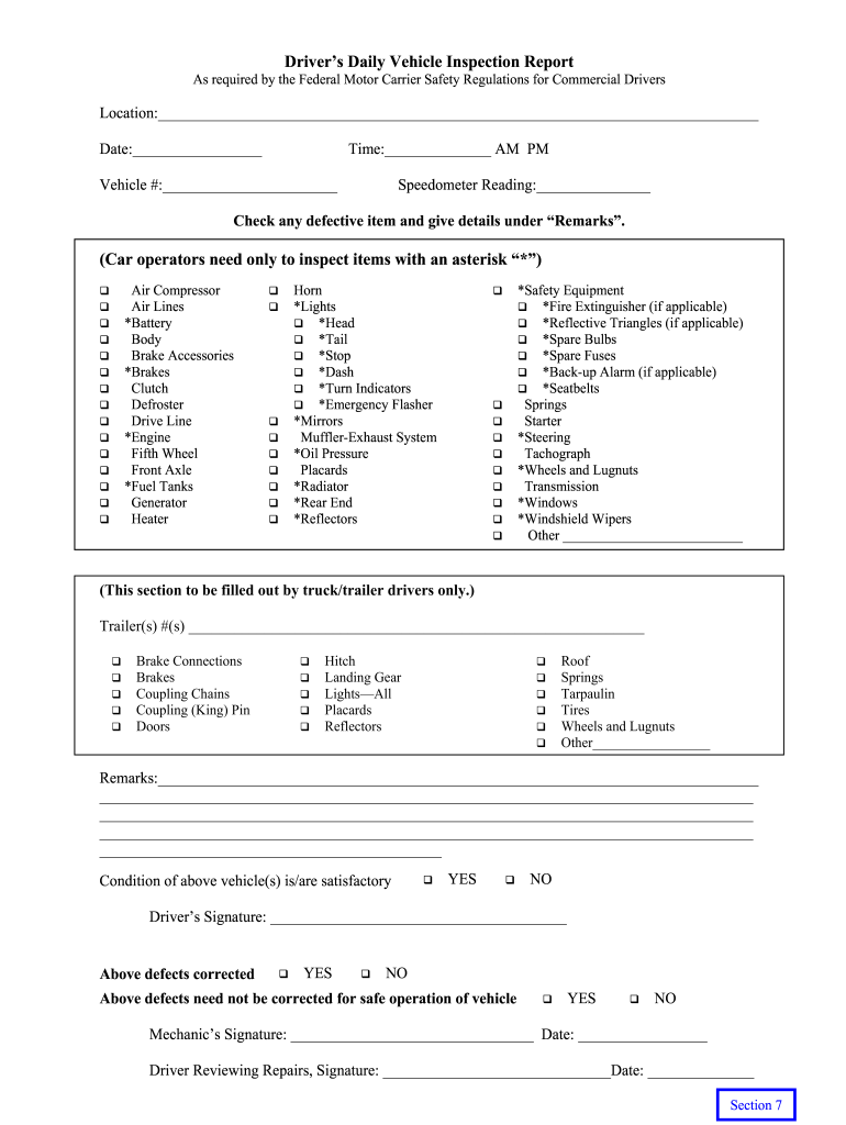 Printable Driver Vehicle Inspection Report Form - Fill Online  Within Daily Inspection Report Template