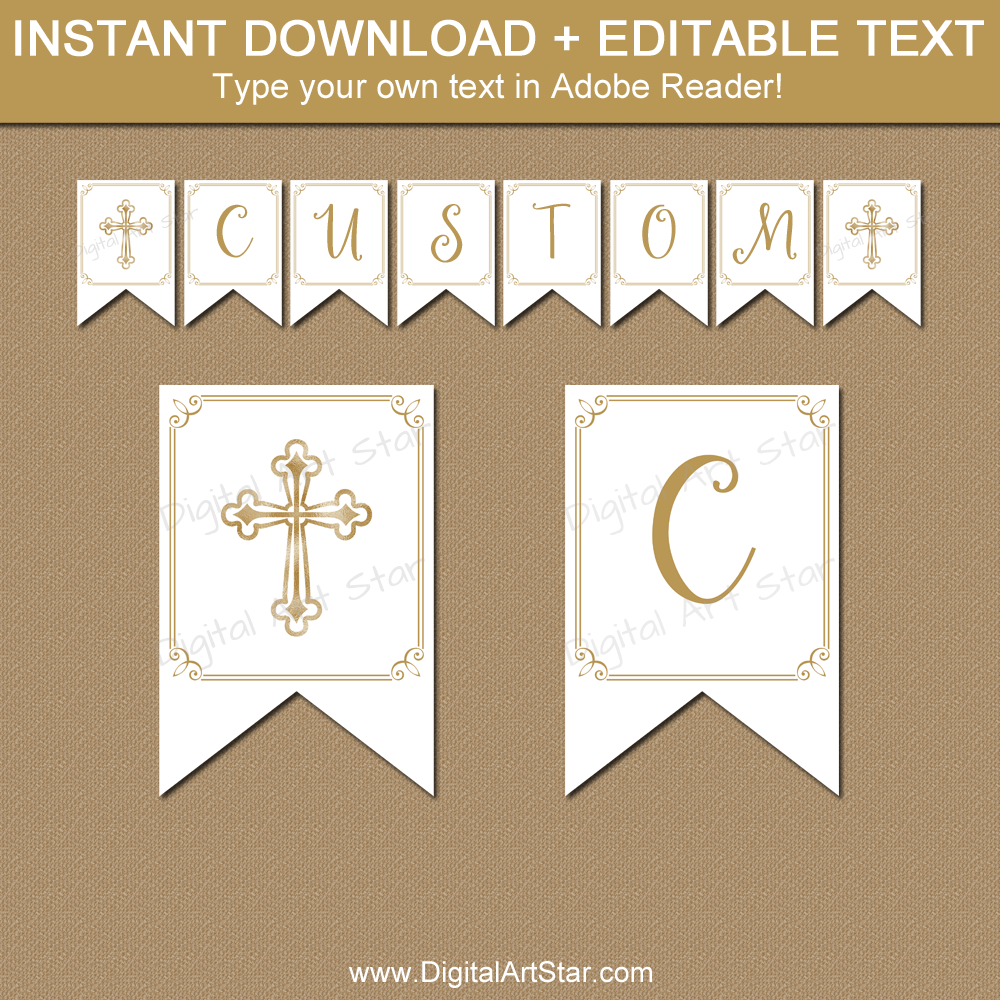Printable First Communion Banner Template White And Gold – Digital  With Regard To Free Printable First Communion Banner Templates