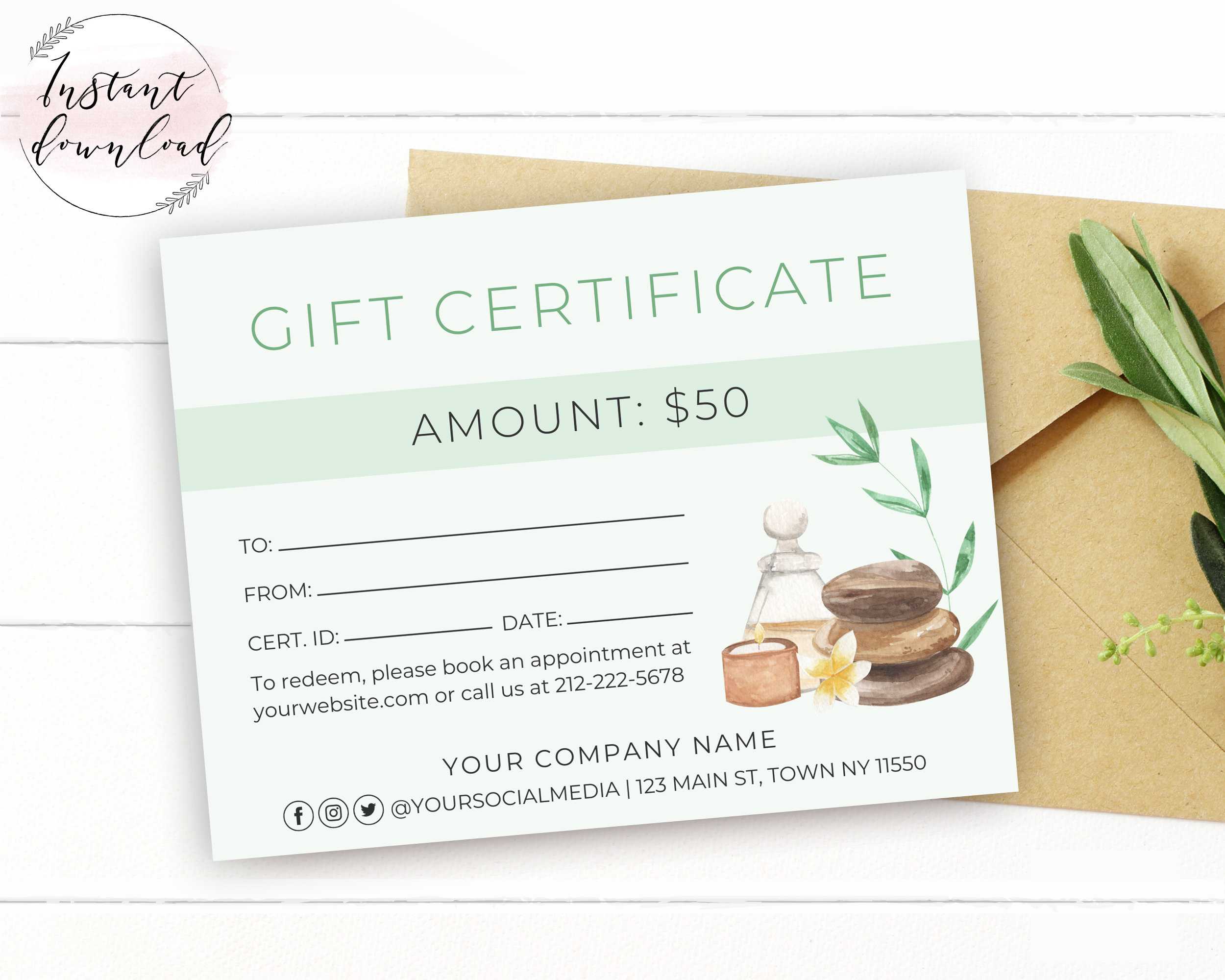 Printable Massage Gift Certificate Template Editable Spa Gift  In Massage Gift Certificate Template Free Download