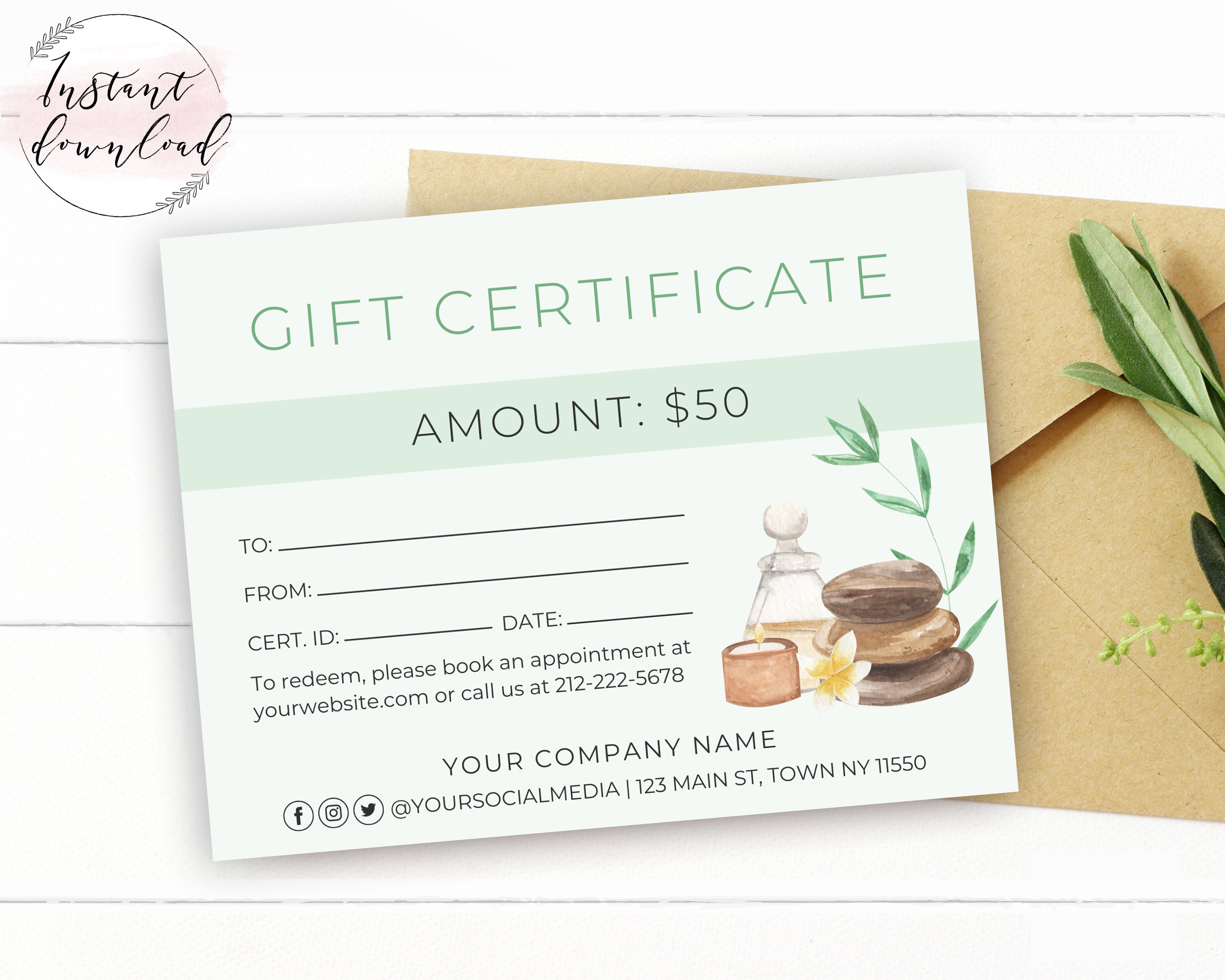 Printable Massage Gift Certificate Template Editable Spa Gift  Inside Massage Gift Certificate Template Free Printable