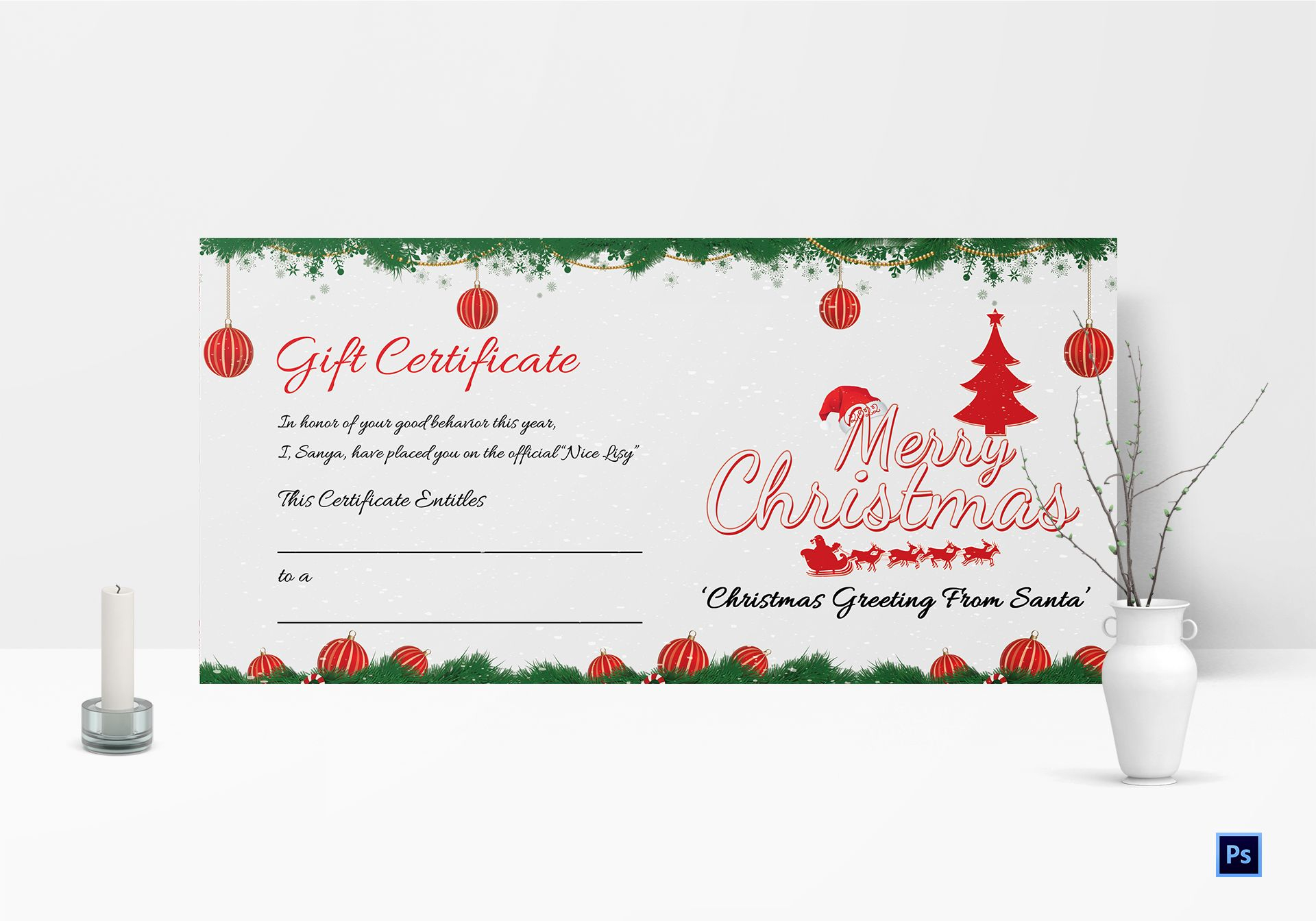 Printable Merry Christmas Gift Certificate Template in Adobe Photoshop With Regard To Free Christmas Gift Certificate Templates
