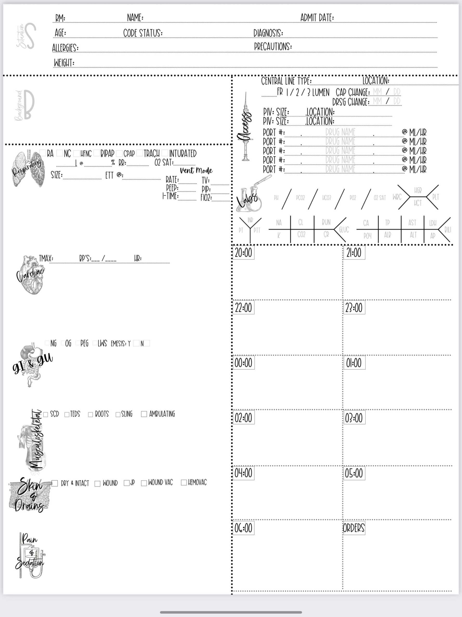 Printable Nursing Report Sheet Nurse Brain Sheet Single Patient Reporting  Template ICU Nurses Resources US Letter 10 Hour Nights Inside Icu Report Template