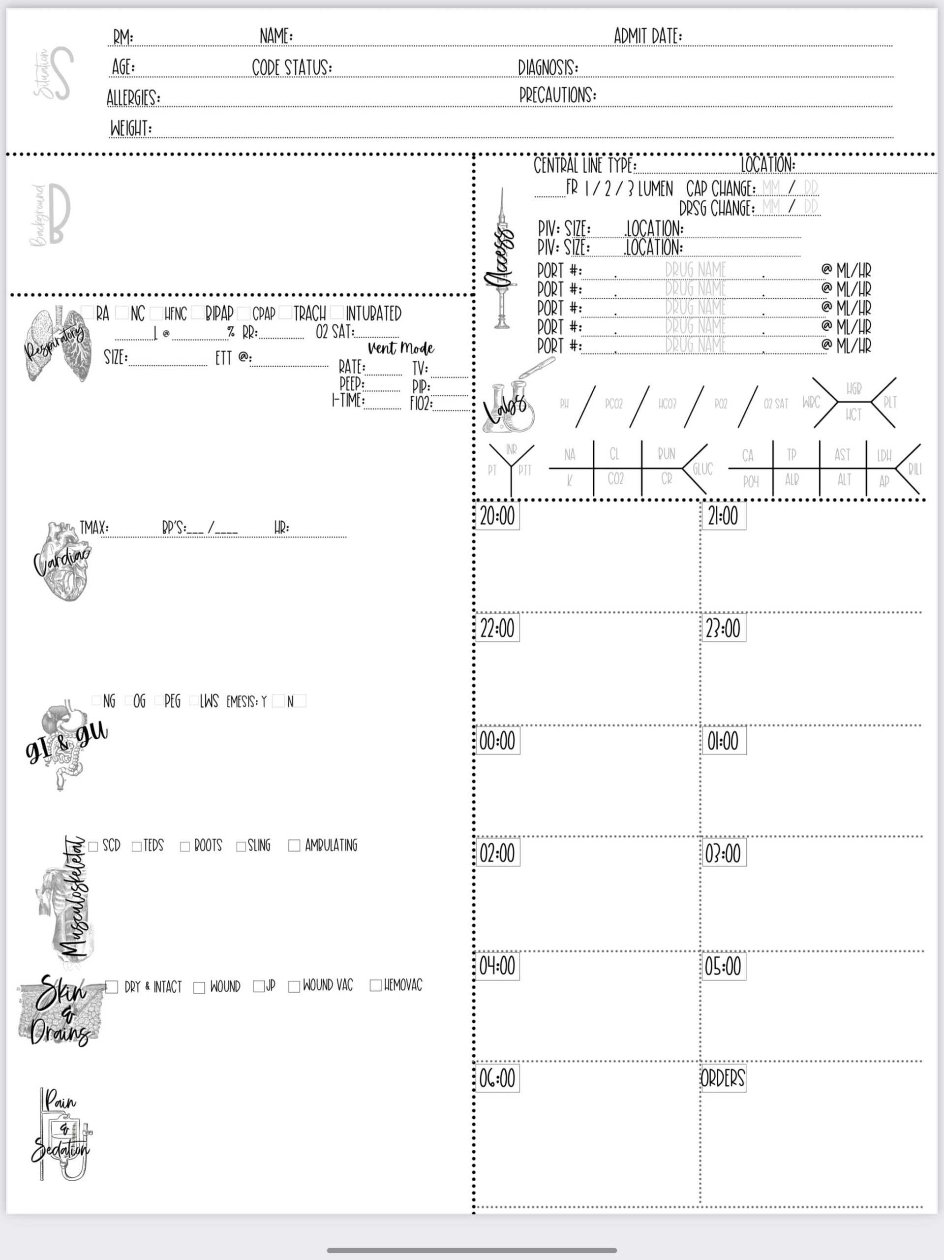 Printable Nursing Report Sheet Nurse Brain Sheet Single Patient Reporting  Template ICU Nurses resources US Letter 10 Hour Nights
