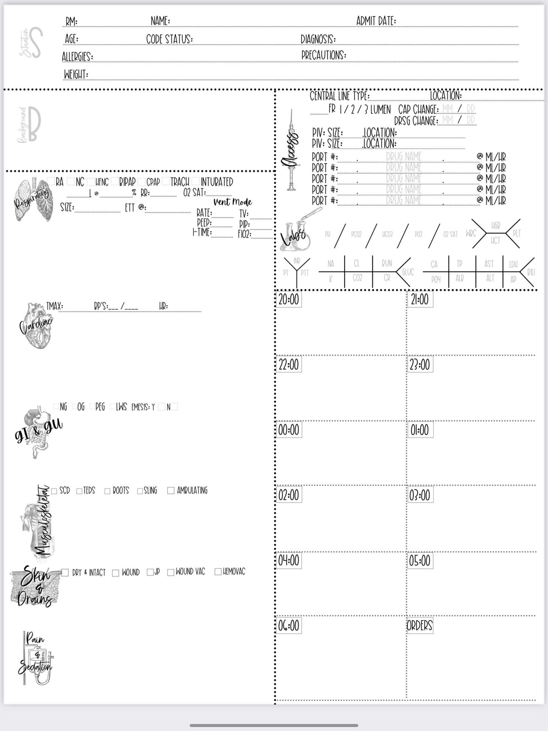 Printable Nursing Report Sheet Nurse Brain Sheet Single Patient Reporting  Template ICU Nurses resources US Letter 10 Hour Nights Pertaining To Nursing Report Sheet Template