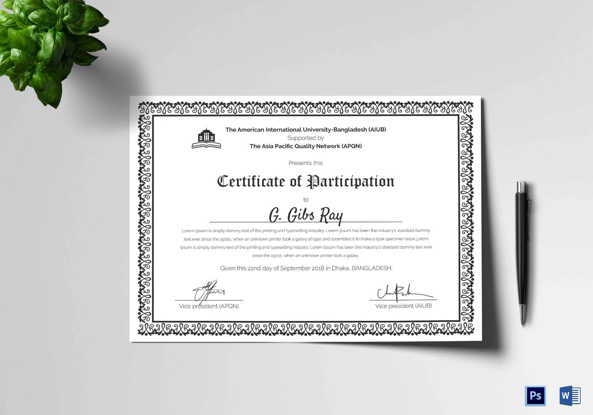 Printable Participation Certificate Design Template In PSD, Word Within Certificate Of Participation Word Template