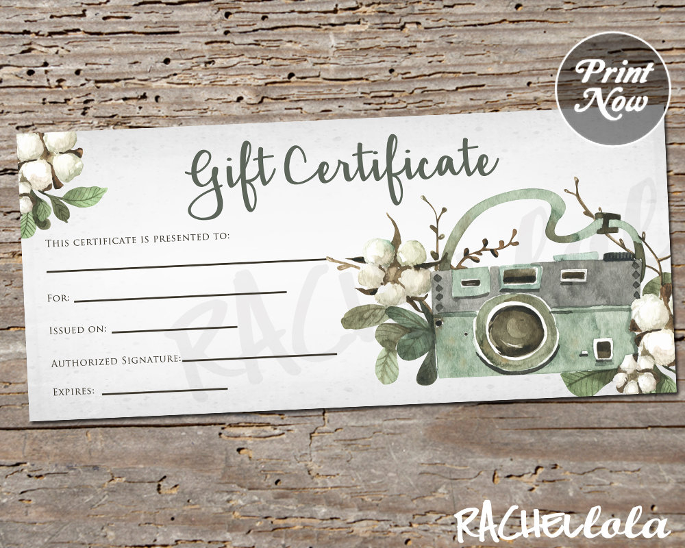 Printable photography Gift Certificate template, Spring photo session  voucher, Summer, Fall Rustic card, Instant download, Photographer Regarding Photoshoot Gift Certificate Template