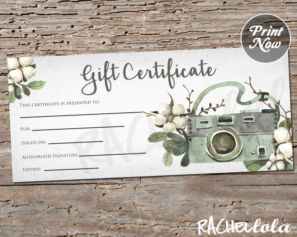 Printable Photography Gift Certificate Template, Spring Photo Session  Voucher, Summer, Fall Rustic Card, Instant Download, Photographer Regarding Photoshoot Gift Certificate Template