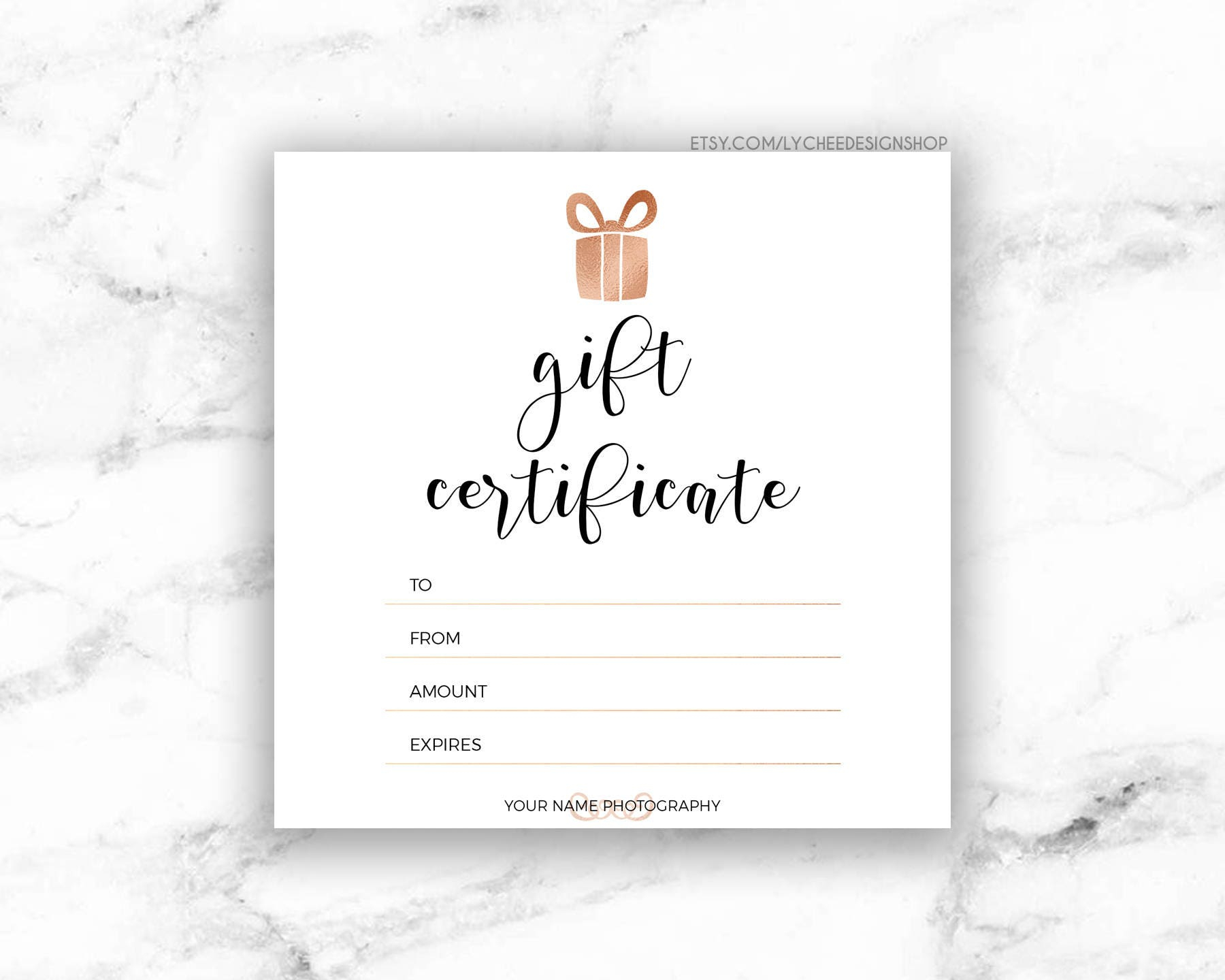 Printable Rose Gold Gift Certificate Template  Editable Photography Studio  Gift Card design  Photoshop template PSD  INSTANT DOWNLOAD With Regard To Gift Certificate Template Photoshop