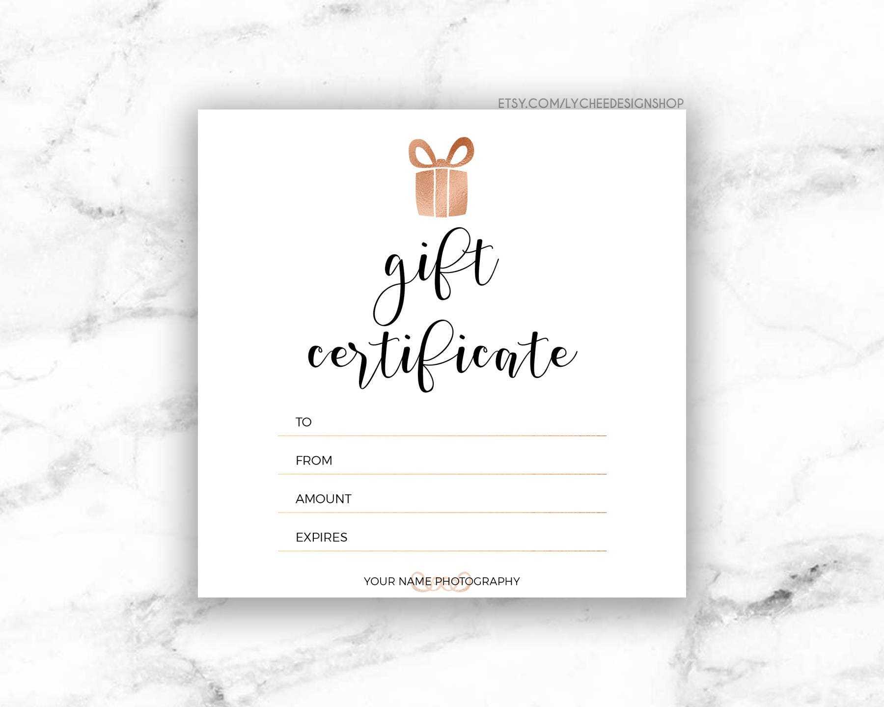 Printable Rose Gold Gift Certificate Template  Editable Photography Studio  Gift Card Design  Photoshop Template PSD  INSTANT DOWNLOAD With Regard To Gift Certificate Template Photoshop