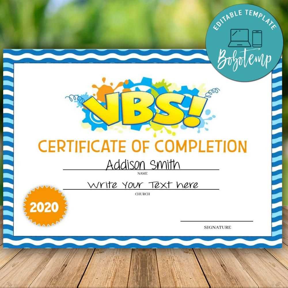 Printable VBS Vacation Bible School Certificate of Completion DIY  With Vbs Certificate Template