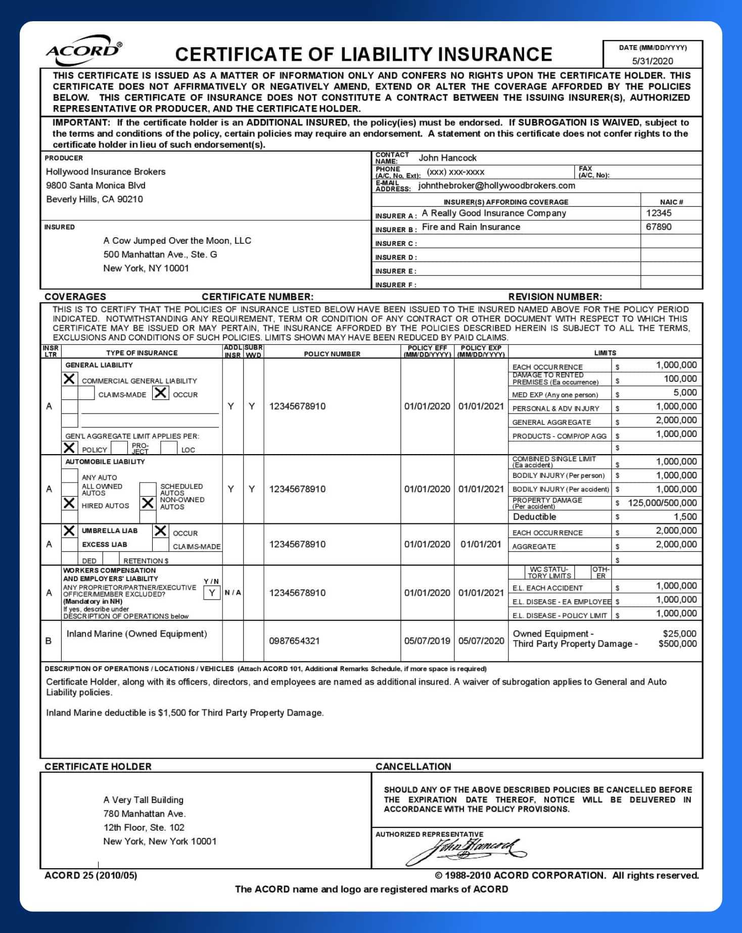 Producer’s Guide: Certificates Of Insurance In Film  Wrapbook For Certificate Of Insurance Template