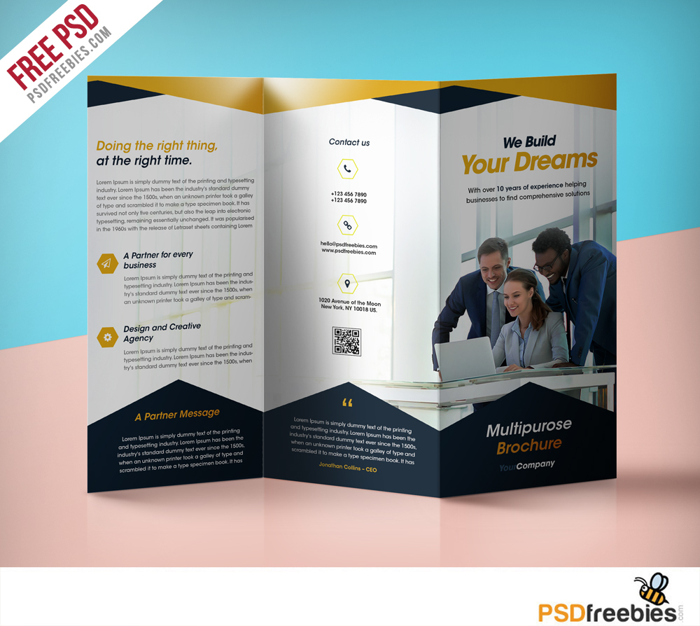 Professional Corporate Tri-Fold Brochure Free PSD Template  With Regard To Professional Brochure Design Templates