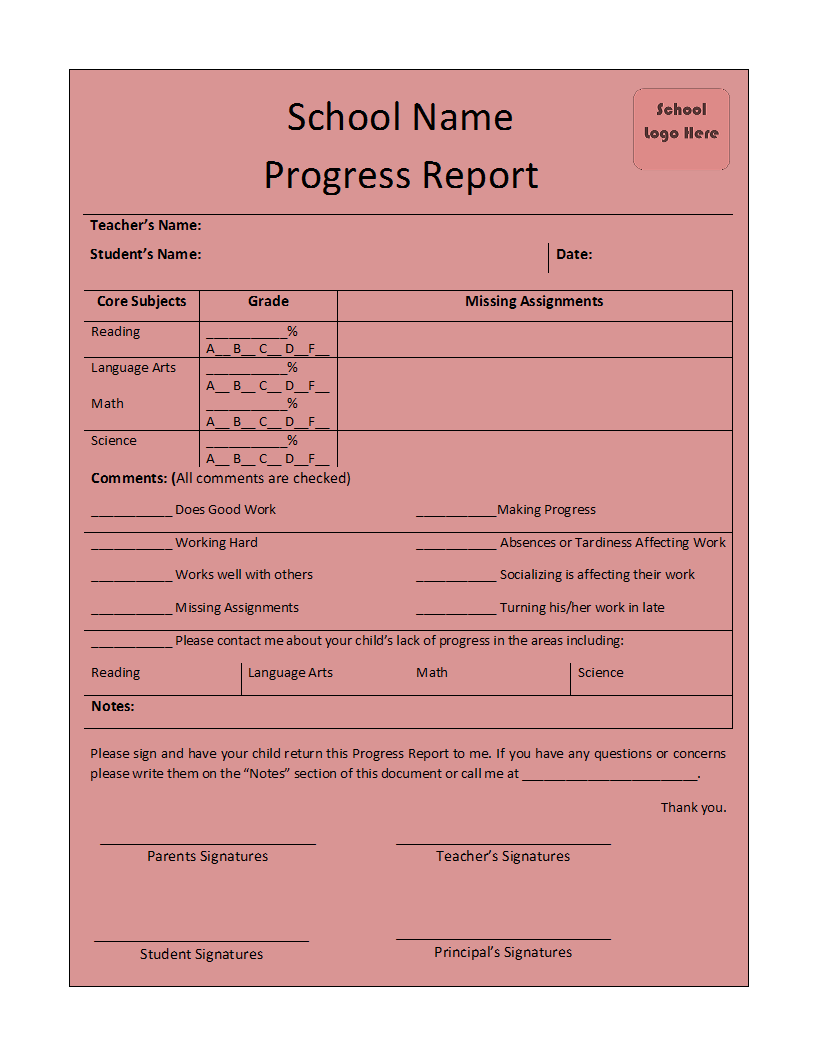 Progress Report Template Throughout School Progress Report Template