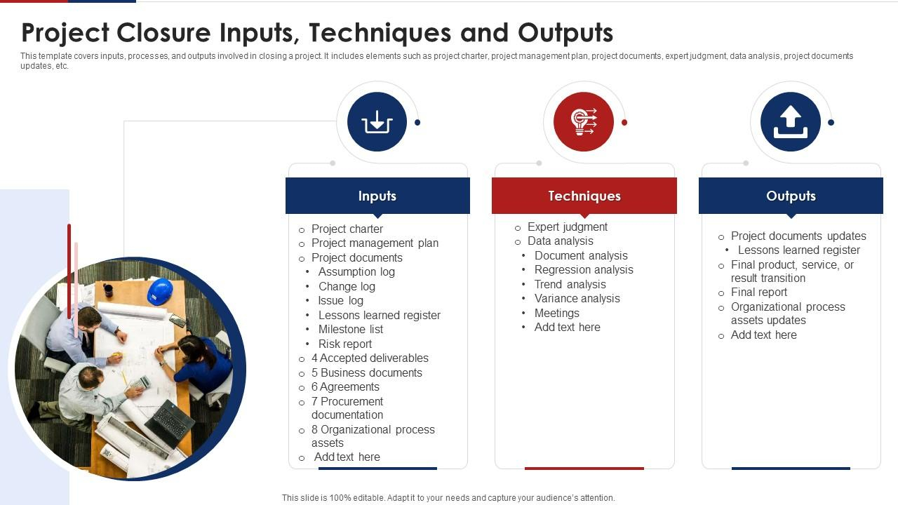 Project Closure Inputs Techniques And Outputs  Presentation  Intended For Project Closure Report Template Ppt