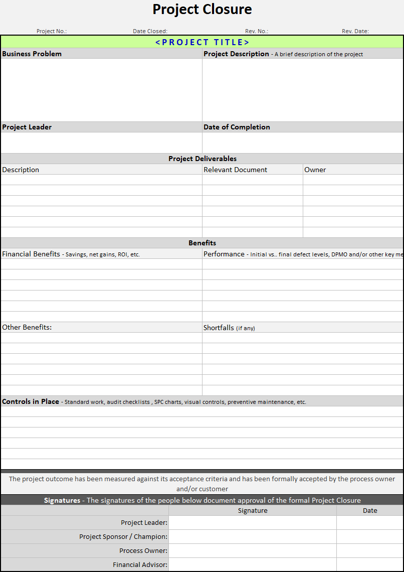 Project Closure Template – Continuous Improvement Toolkit Regarding Closure Report Template