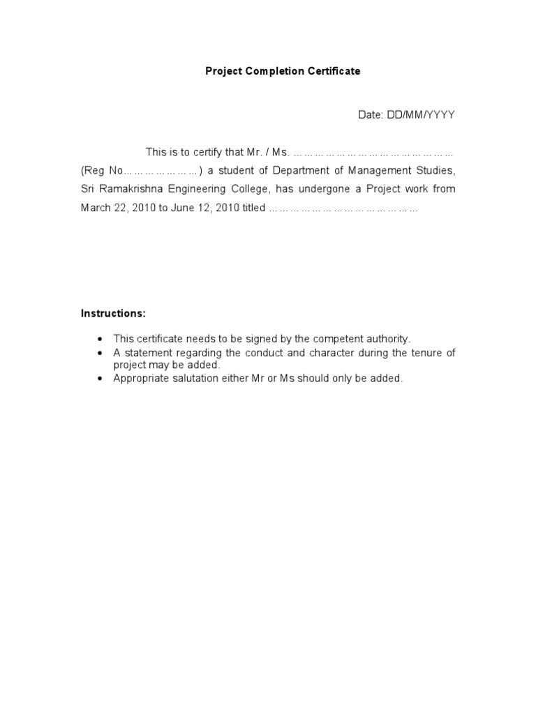 Project Completion Certificate Format  PDF Throughout Certificate Template For Project Completion