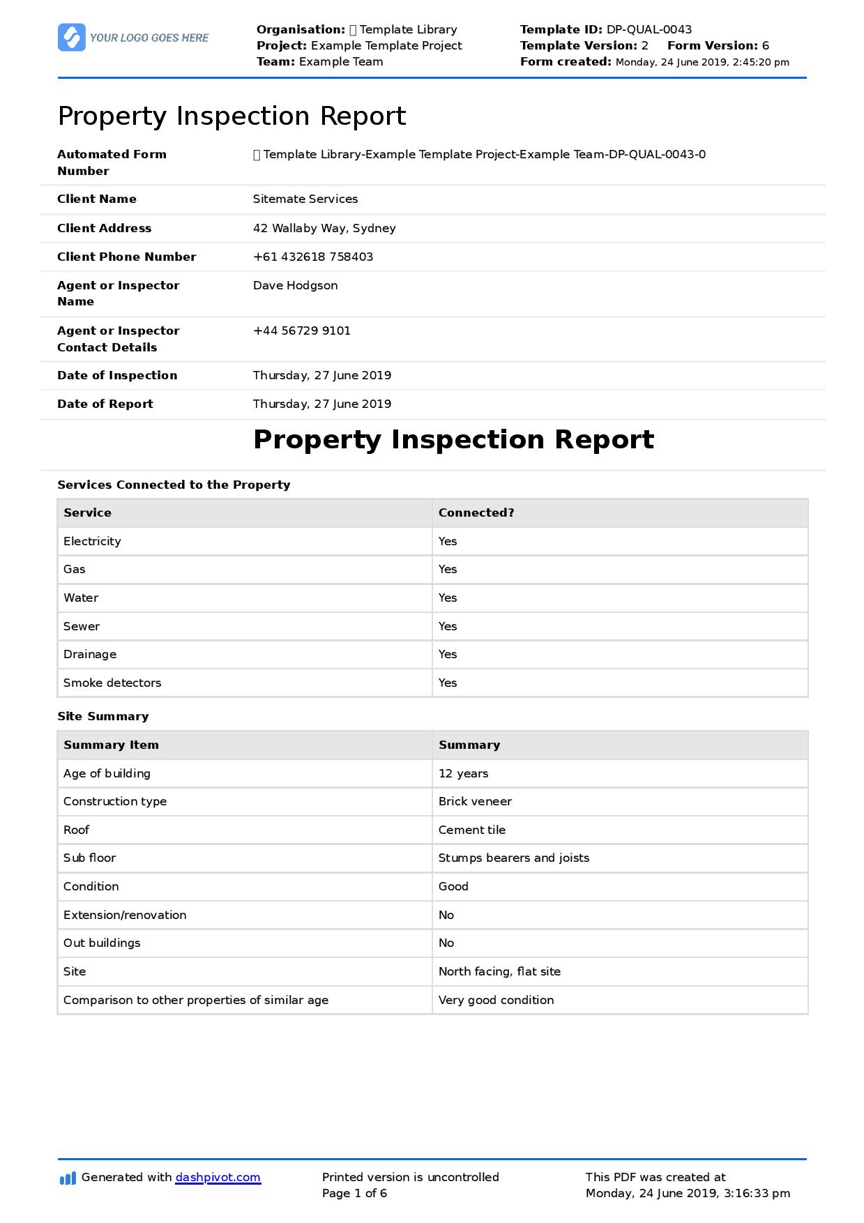 Property Inspection Report template (Free and customisable) For Home Inspection Report Template Pdf
