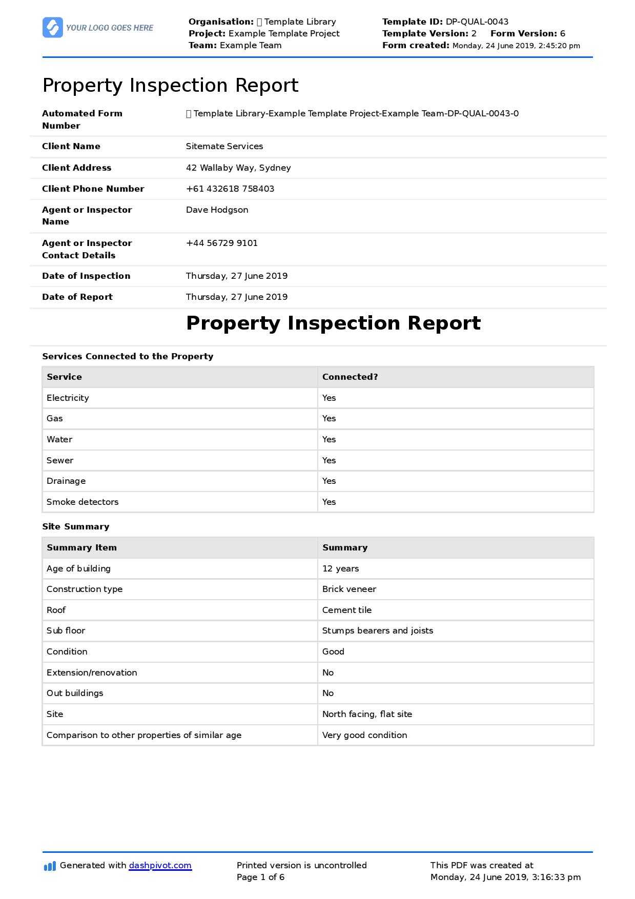 Property Inspection Report Template (Free And Customisable) For Home Inspection Report Template Pdf