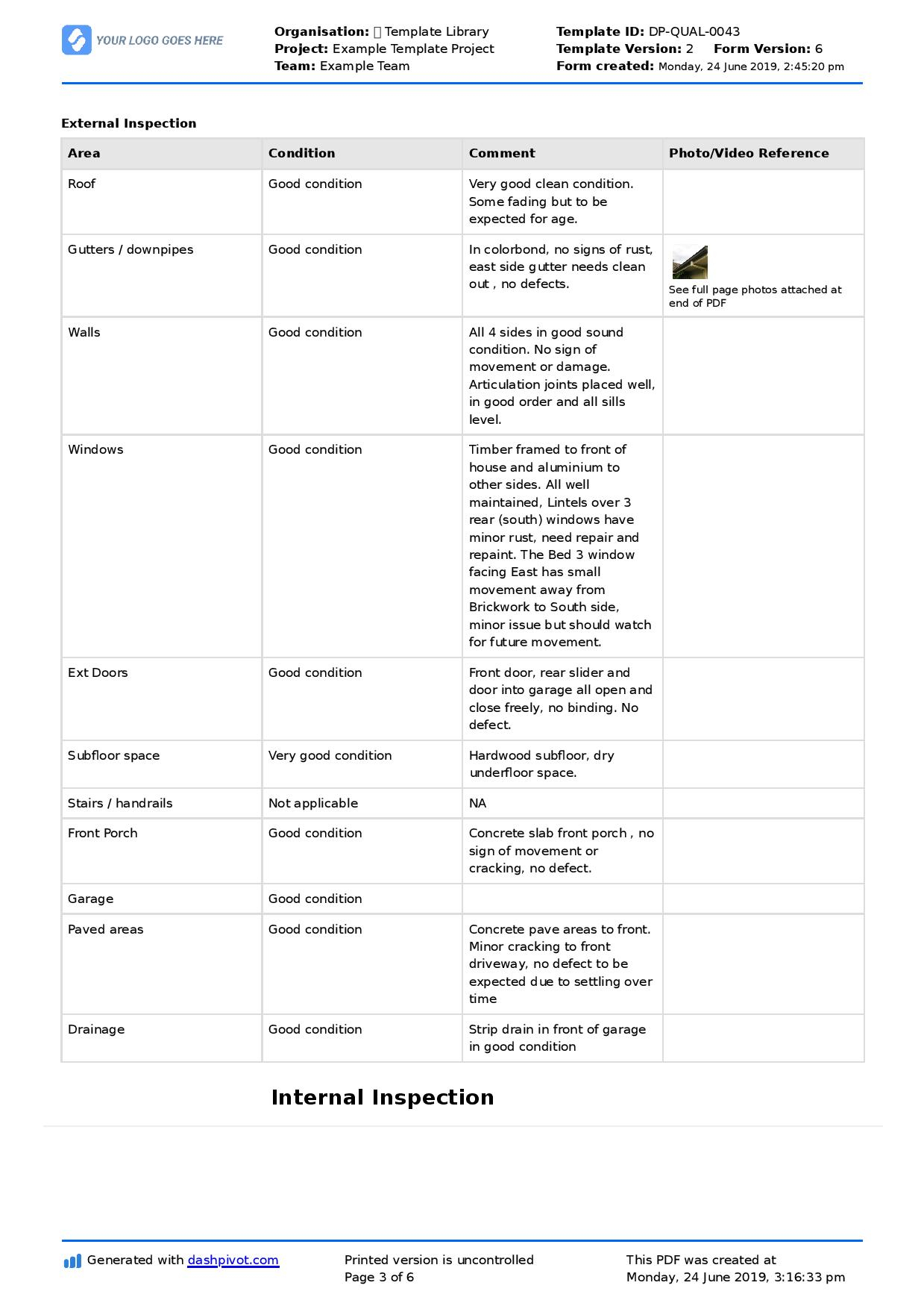 Property Inspection Report template (Free and customisable) Inside Drainage Report Template