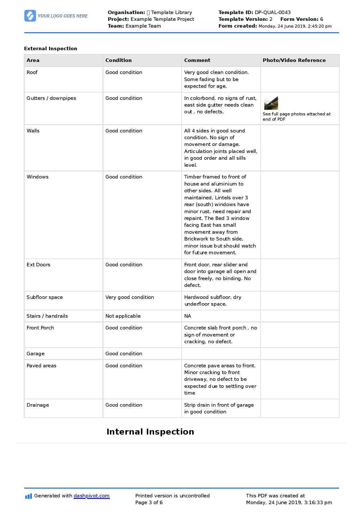 Property Inspection Report template (Free and customisable) Inside Drainage Report Template