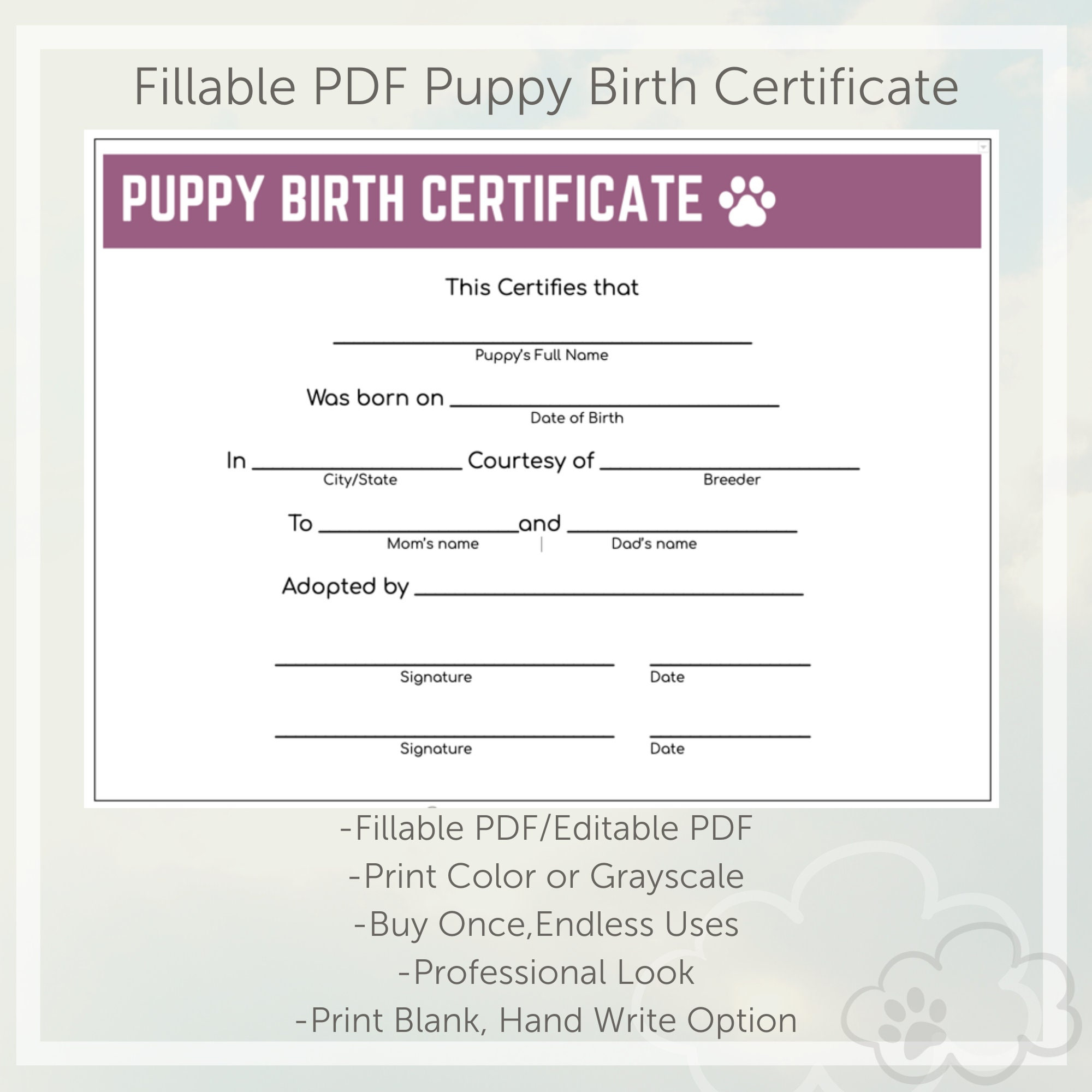 Puppy Birth Certificate- Plum With Regard To Editable Birth Certificate Template