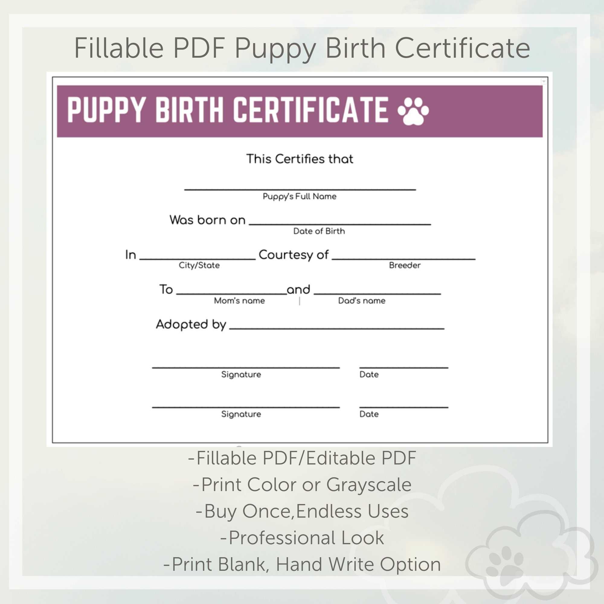 Puppy Birth Certificate  Plum With Regard To Editable Birth Certificate Template