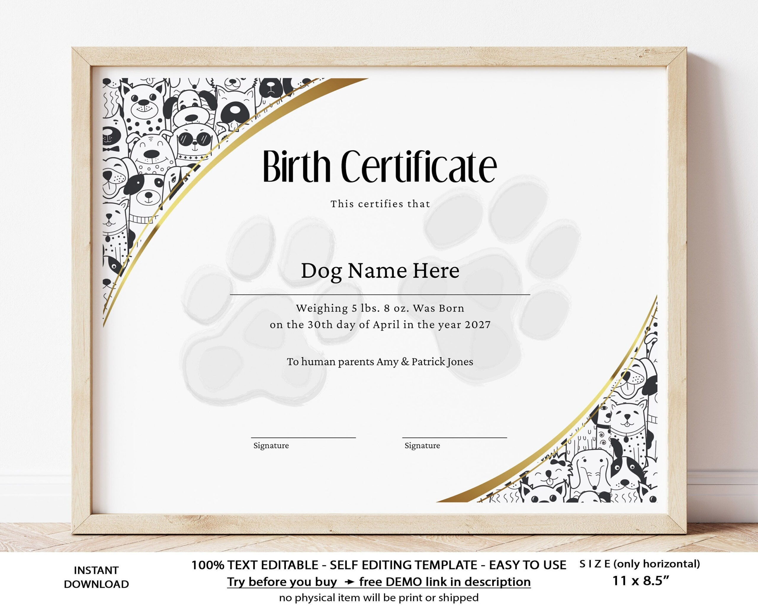 Puppy Birth Certificate Template Editable Printable Paw - Etsy