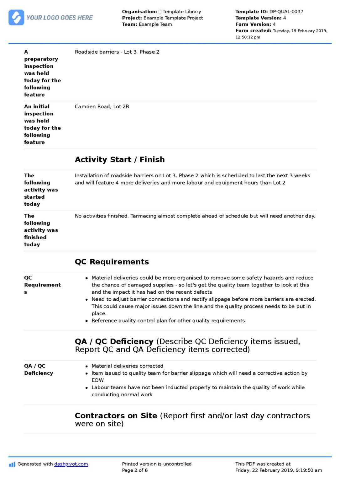 QA QC Report Template And Sample With Customisable Format Within ...