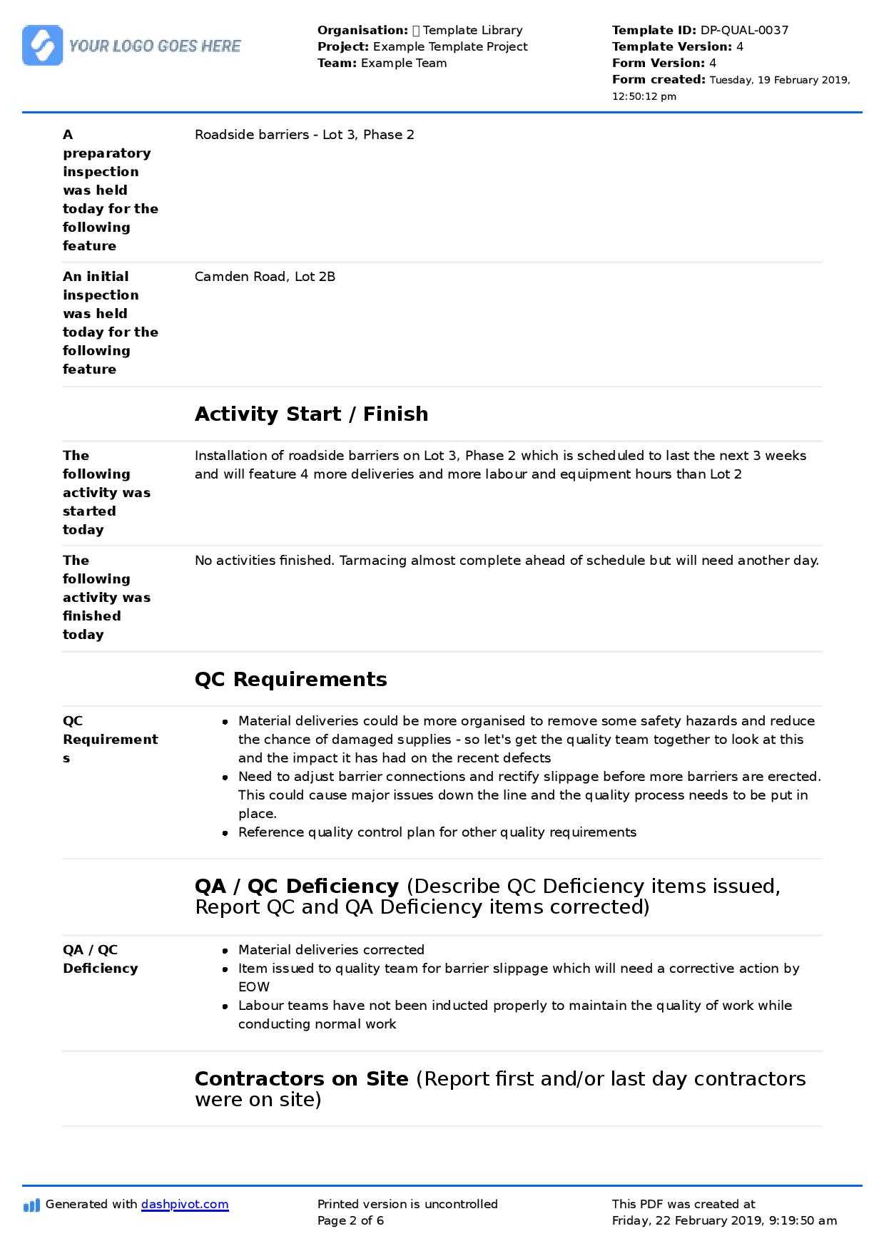 QA QC Report Template And Sample With Customisable Format Within Software Quality Assurance Report Template