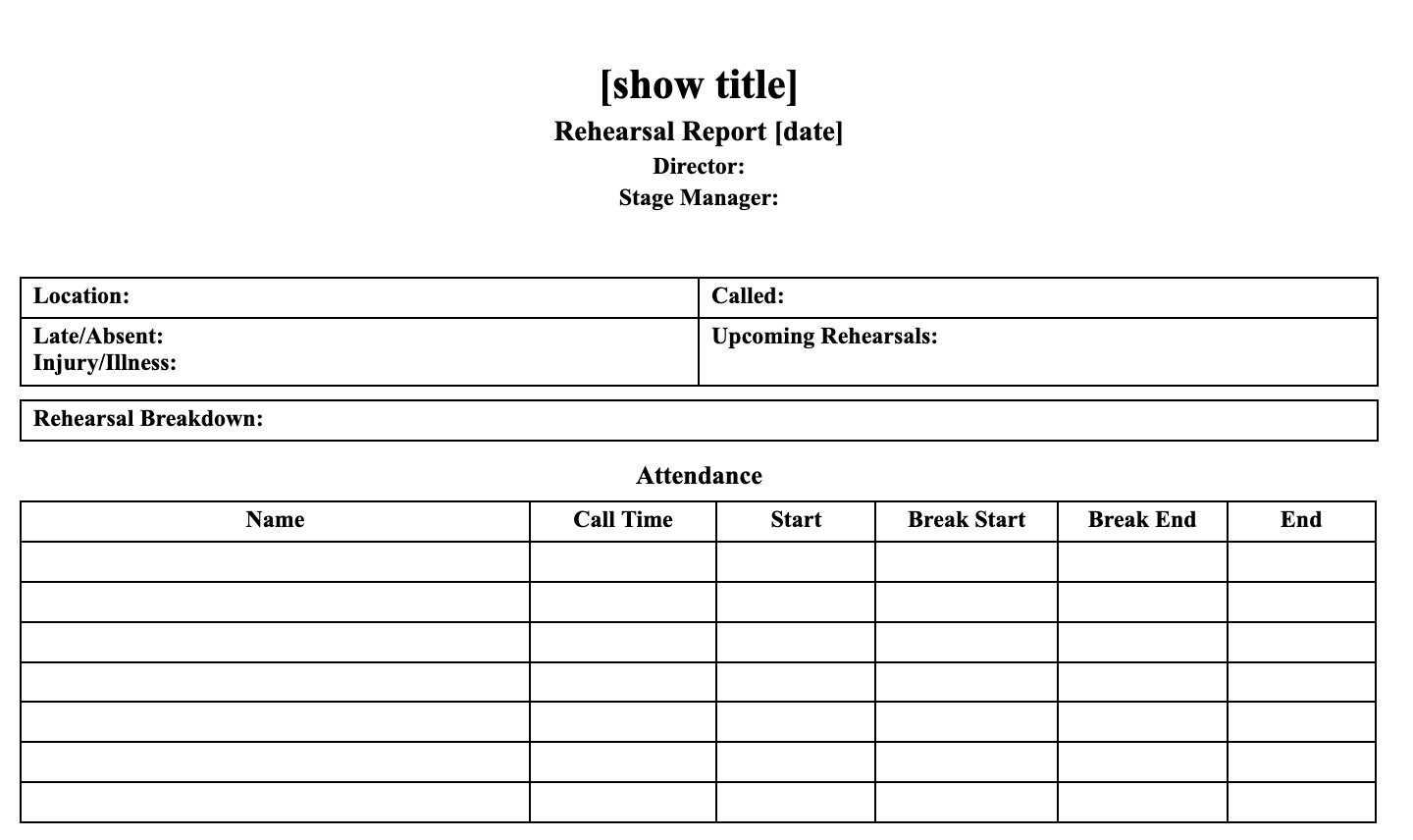 Rehearsal Report Template Digital Download Stage Manager - Etsy  In Rehearsal Report Template