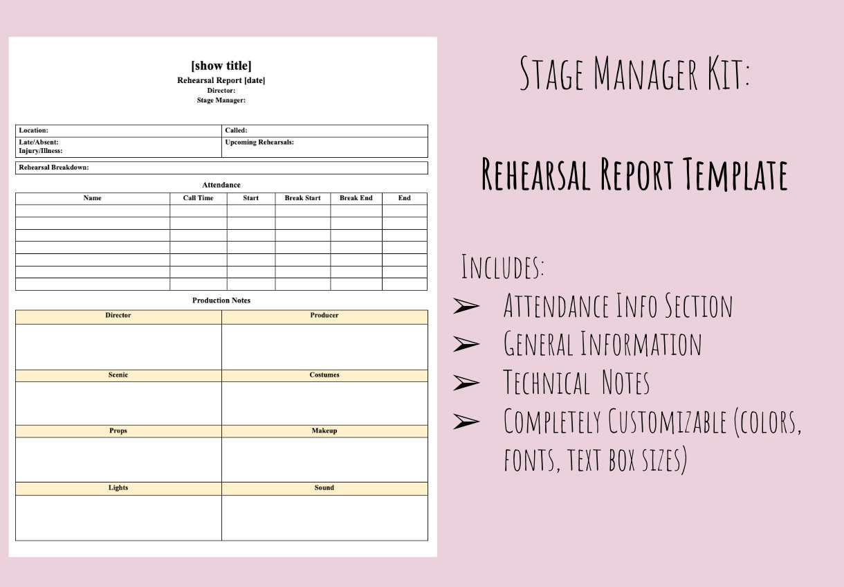 Rehearsal Report Template Digital Download Stage Manager - Etsy UK In Rehearsal Report Template