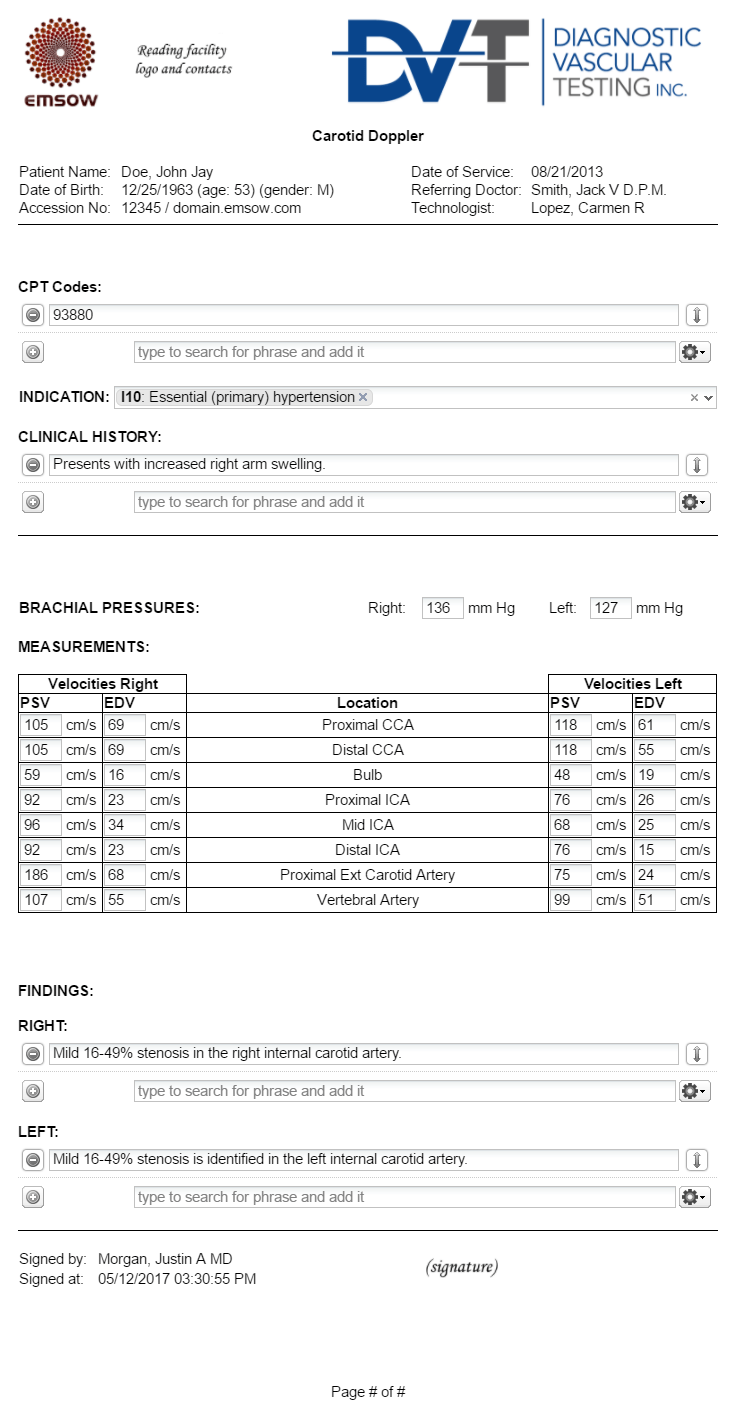 Report templates – EMSOW: end-to-end radiology platform In Carotid Ultrasound Report Template Report templates – EMSOW: end-to-end radiology platform In Carotid Ultrasound Report Template