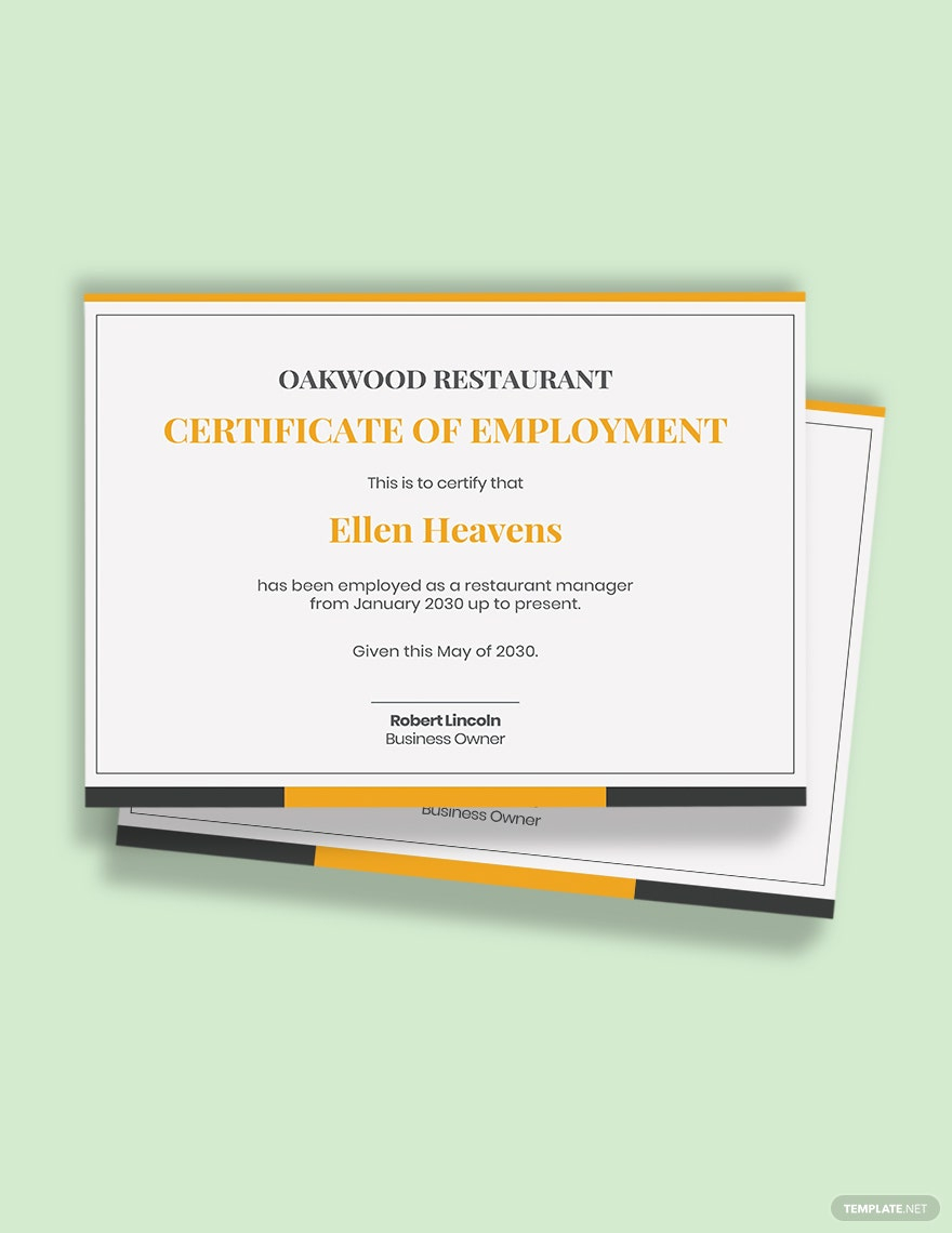 restaurant employment certificate Template - Word  Template