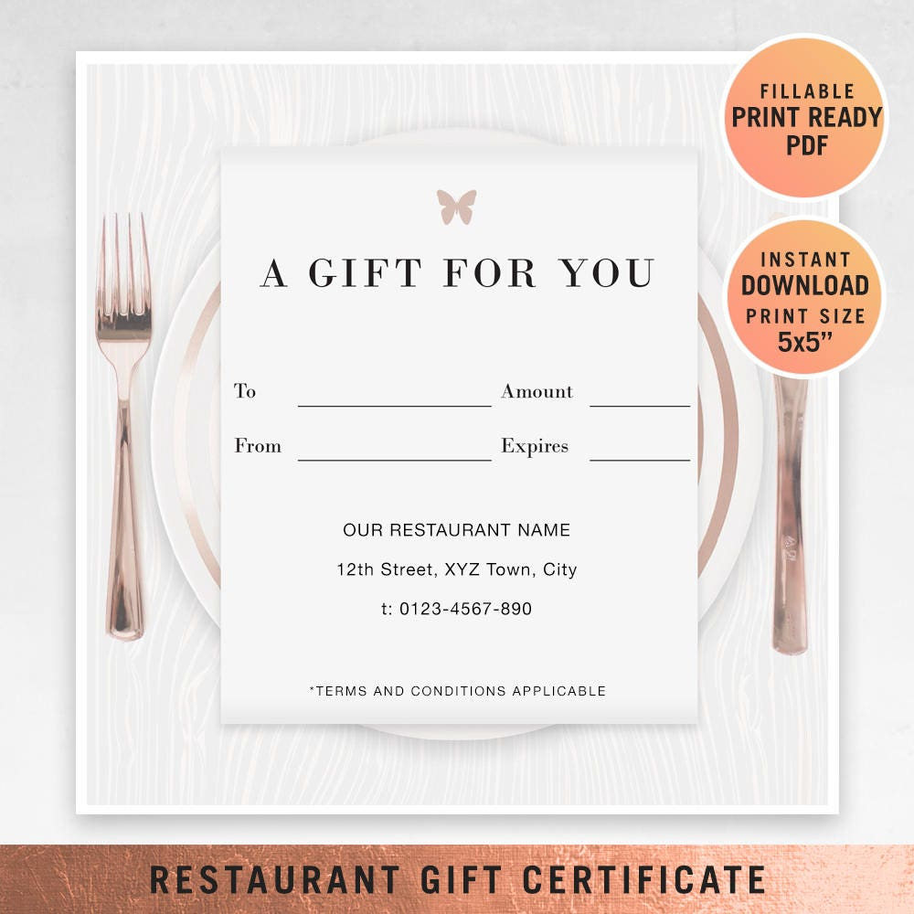 Restaurant Fillable Gift Certificate Template, A Gift For You, Gift  Voucher, Gift Certificate Printable, PDF, Dining Voucher Template Regarding Restaurant Gift Certificate Template