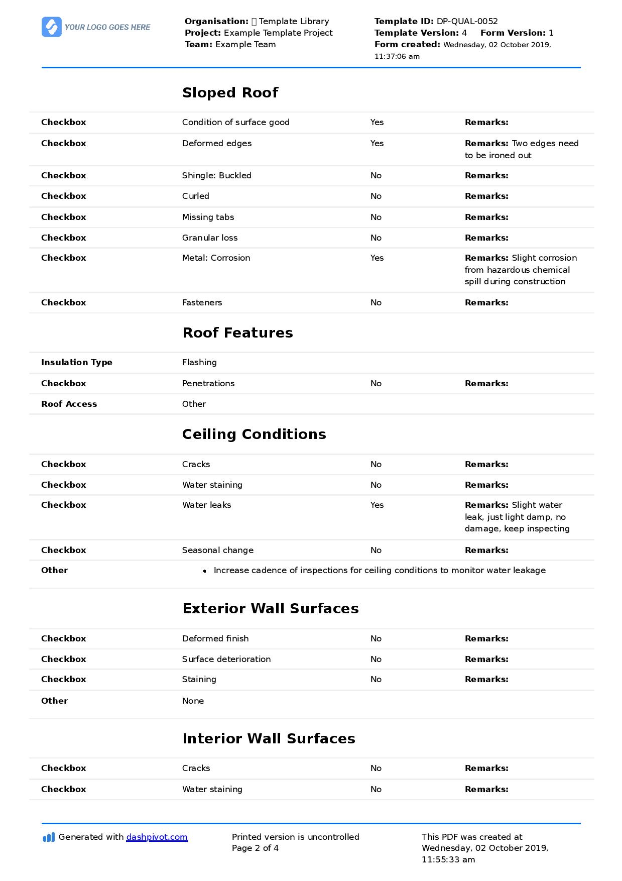 Roof Inspection Checklist template (Better than PDF form) With Regard To Roof Inspection Report Template