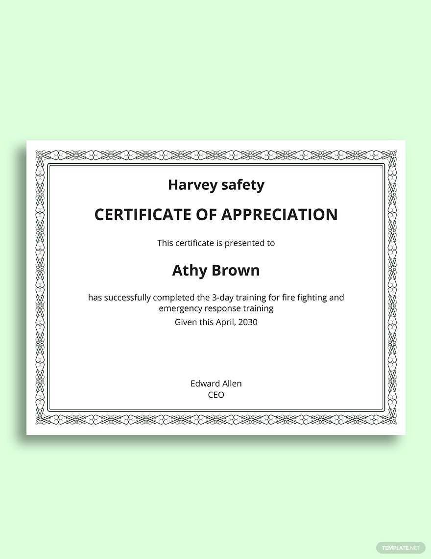 Safety Appreciation Certificate Template – Word  Template