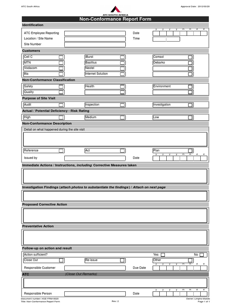 Safety Non Conformance Report Free PDF Download  PDF  Wellness  For Non Conformance Report Template