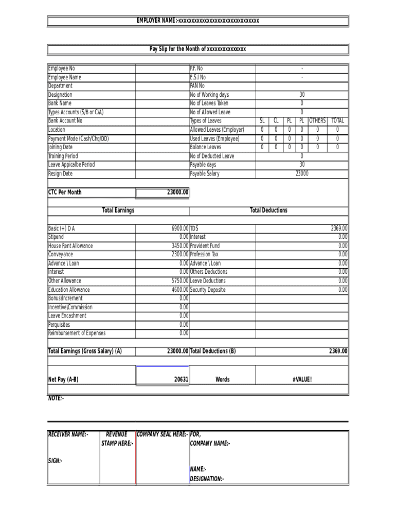 Salary Slip Pay Slip – Fill Online, Printable, Fillable, Blank  Inside Blank Payslip Template