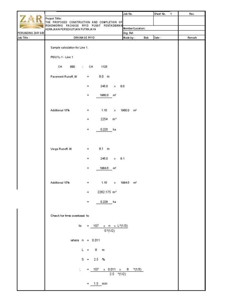 Sample Calculation Drainage Design (Road Side Drain)  PDF  Water  With Regard To Drainage Report Template