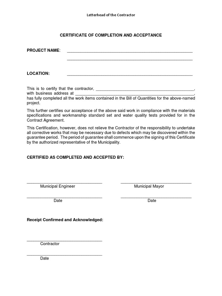 Sample Certificate Of Completion & Acceptance  PDF  In Certificate Of Acceptance Template