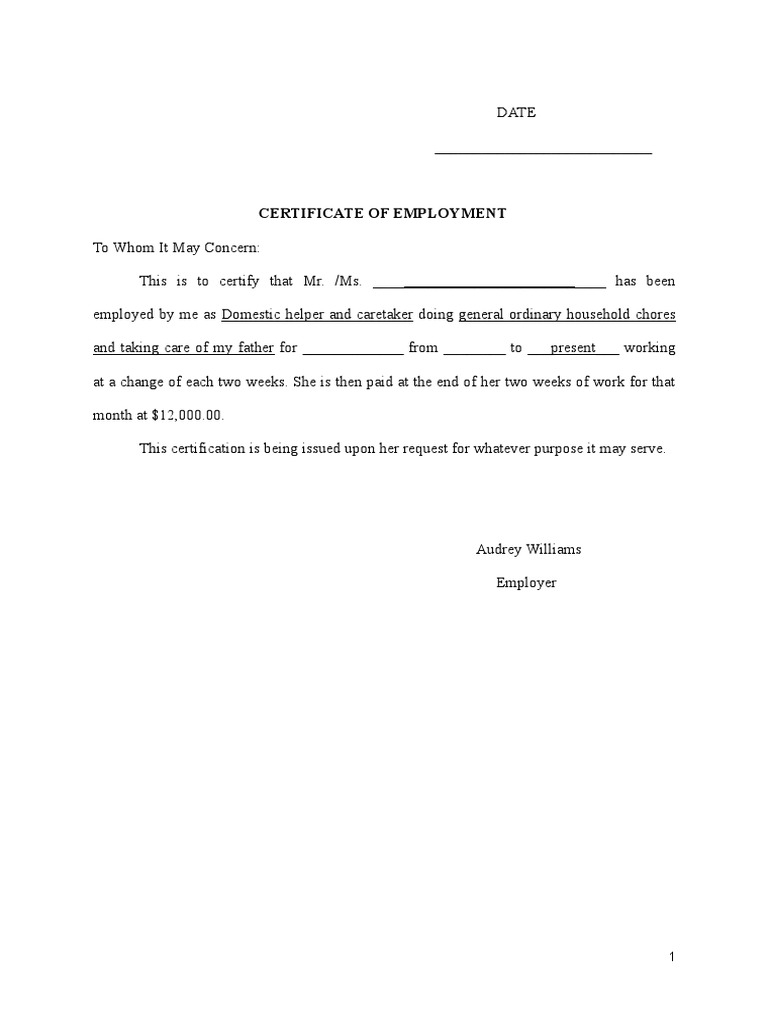 Sample Certificate Of Employment  PDF Pertaining To Sample Certificate Employment Template