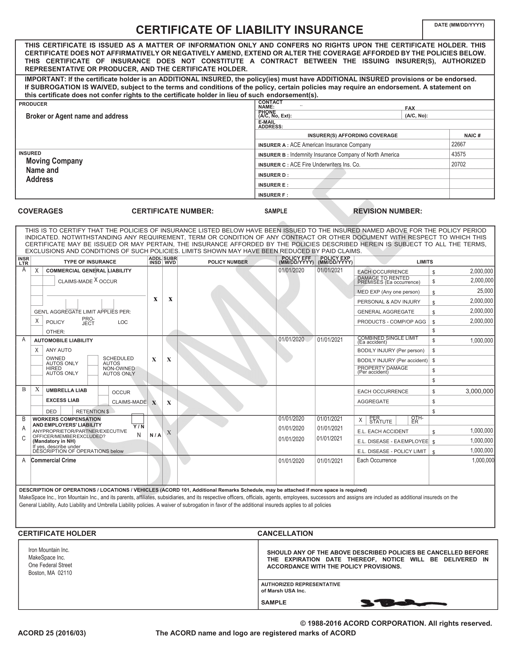 Sample Certificate Of Insurance For Moving Companies – MakeSpace In Certificate Of Insurance Template